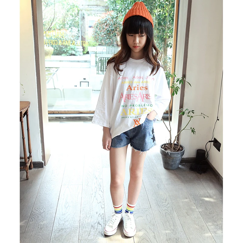 White Letter Printing T-shirt Girl NNGZ Summer Children Seven-quarter Sleeve O-neck Breathable Little Girl T-shirt