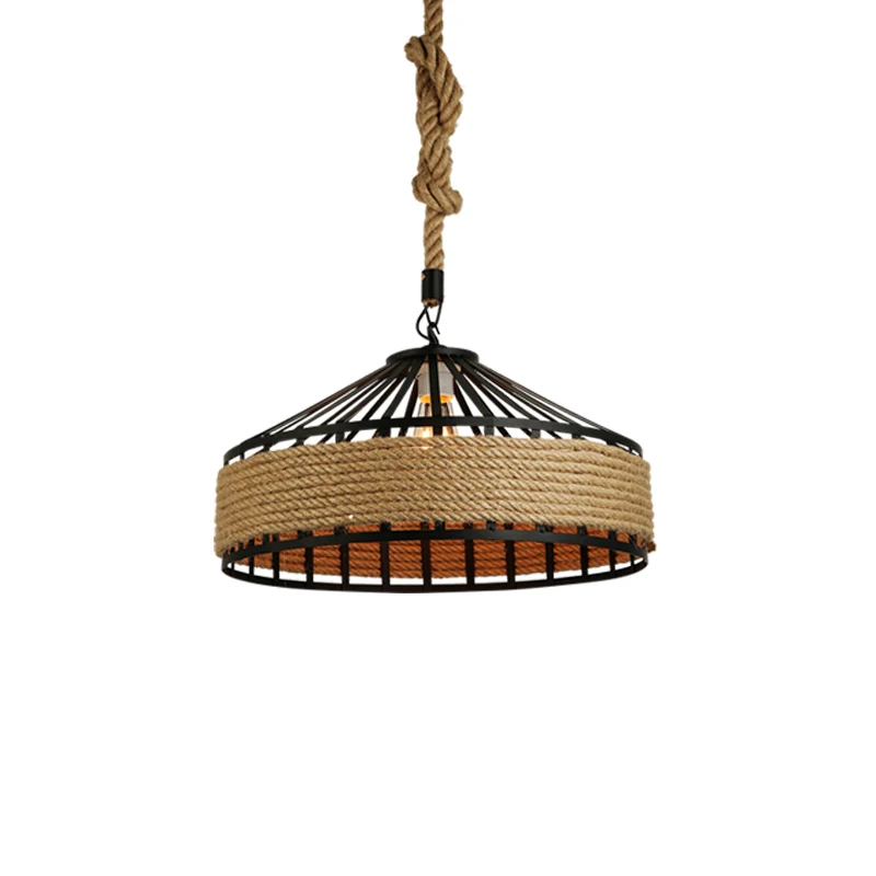 

wongshi Dia50/40/30cm Hemp Rope Iron Pendant Lamp Rural Pastoral Creative Restaurant Cafe Personality Wrought Iron Pendant Light