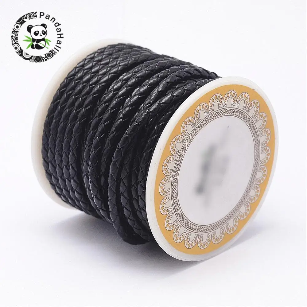 Koop 1 Roll Zwart Lederen Gevlochten Ronde Touw Met Spool, 3mm 4mm 5mm 6mm dikke, Lederen Koord.