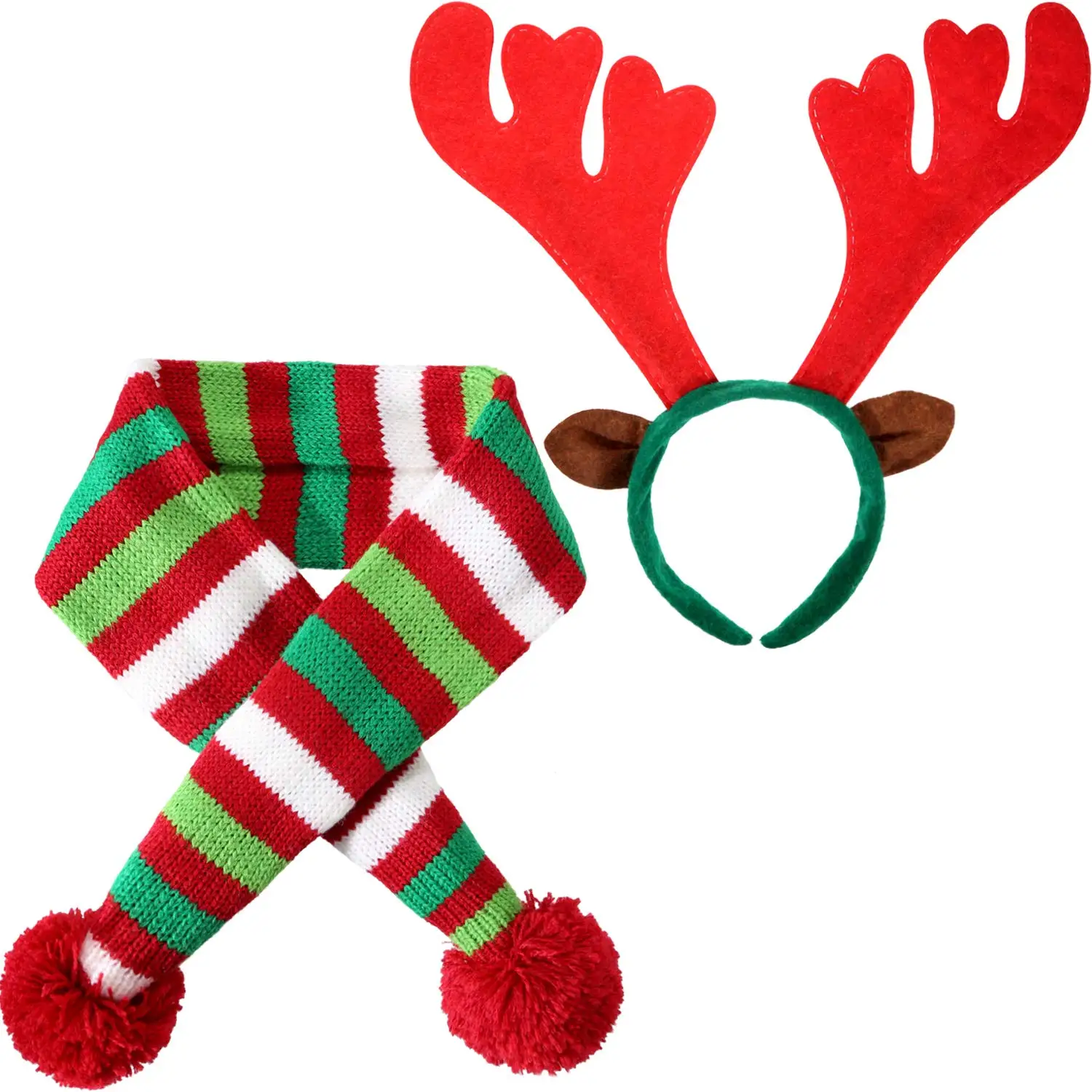 font b Pet b font Knit Christmas Scarf Winter Striped Scarf Reindeer Antlers Headband for