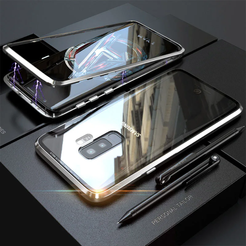 

Case for Samsung Galaxy S9 Plus, Slim Bumper [Magnetic Adsorption] Tempered Glass Screen Cover Front and Back Case Aluminum