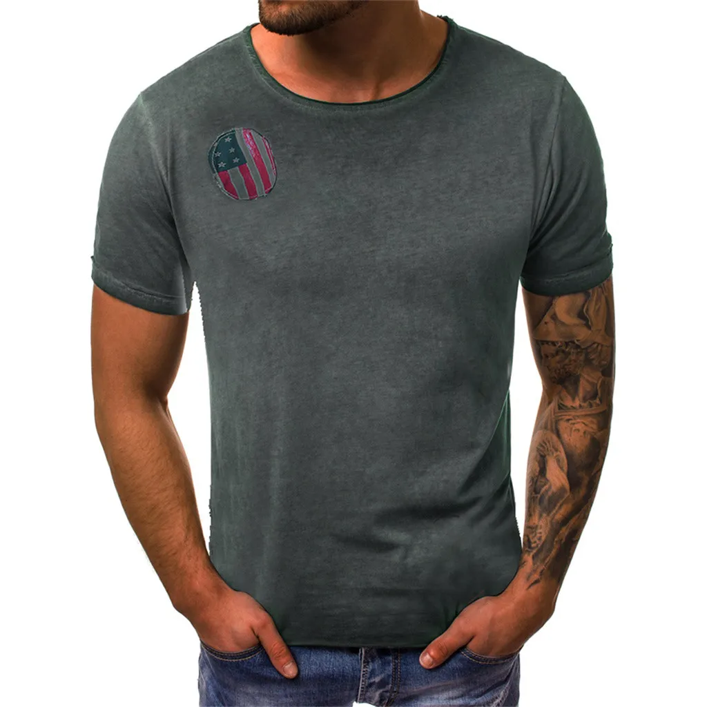 

Simple fashion men's T-shirt independence day flag print stitching short sleeve loose comfortable breathable T-shirt#D10-Y5