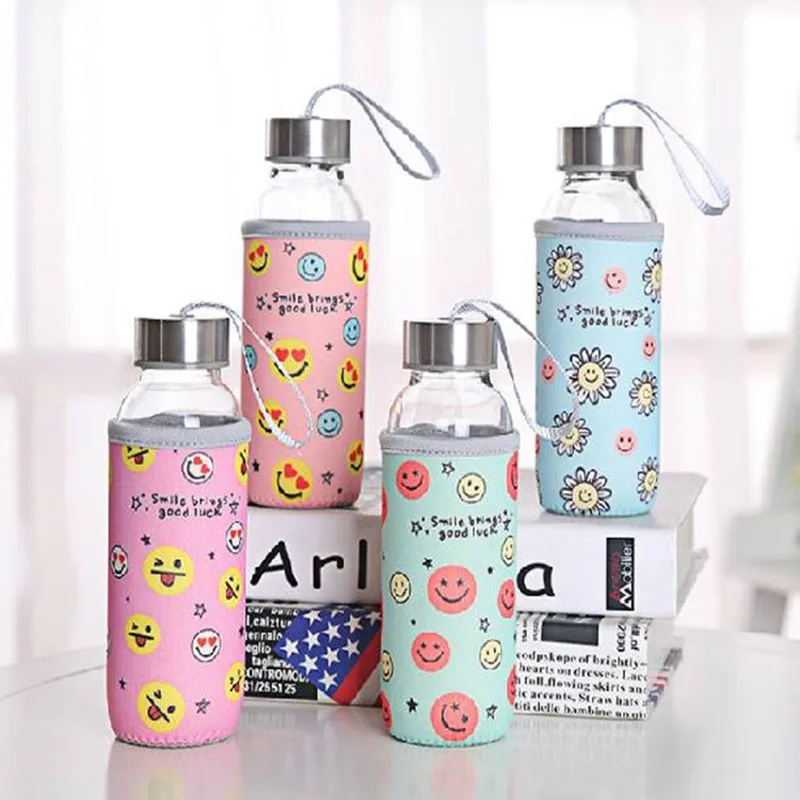 

300ml Glass Drinking Water Bottle 300ml Borosilicate Glass Beverage Bottle with Cloth Cover Pouch Portable Travel Drink Bottle