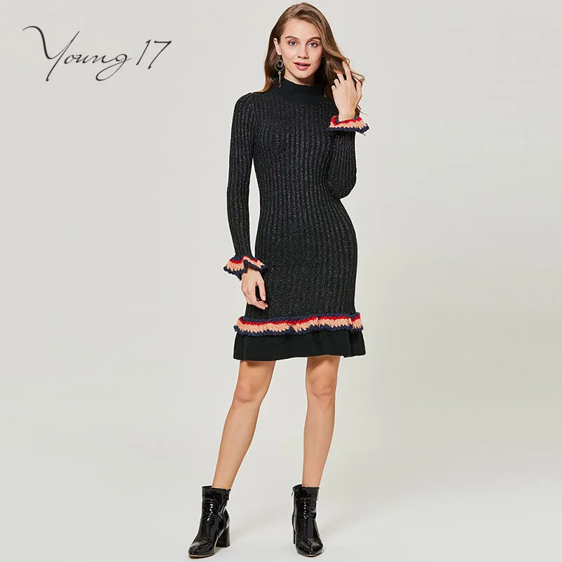 Young17 knitted sweater mermaid dress autumn women pullover patchwork ruffles female party elegant new knitted sweater