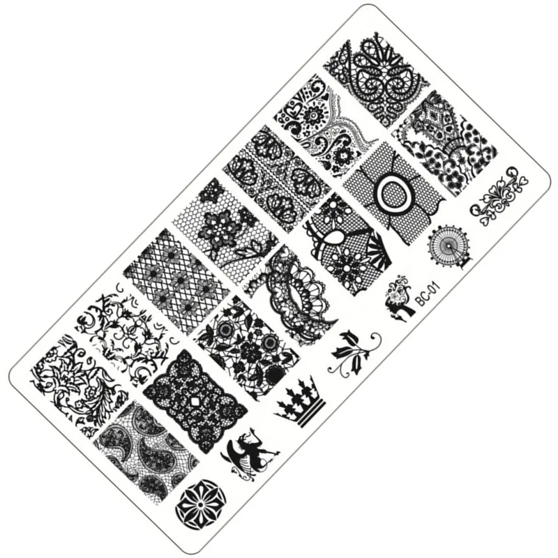 

1pcs BC01-10 New 2019 Black Lace Flower Nail Stamping Plates 12x6cm Stainless Steel Nail Art Stamp Templates Manicure Tools