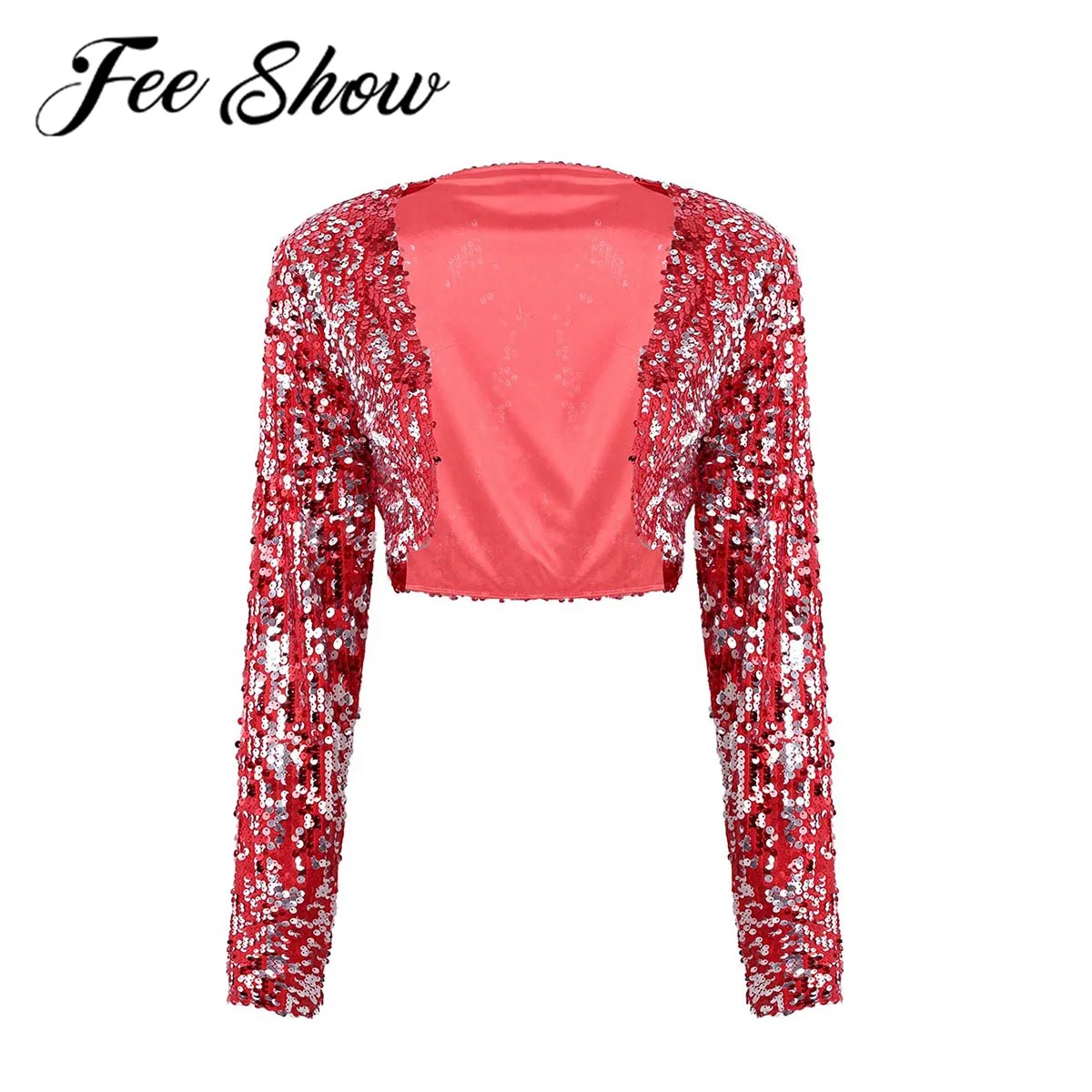 

Women Sequined Glitter Slim Coat Sports Short Jacket Open Front Cropped Shrug Tops Evening Party Nightclub Stage Dance Costumes