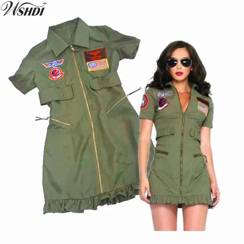 

Army Green Female Pilot Airman Uniform Adult Womens Sexy Top Gun Costumes Halloween Party Pilot Fancy Dress