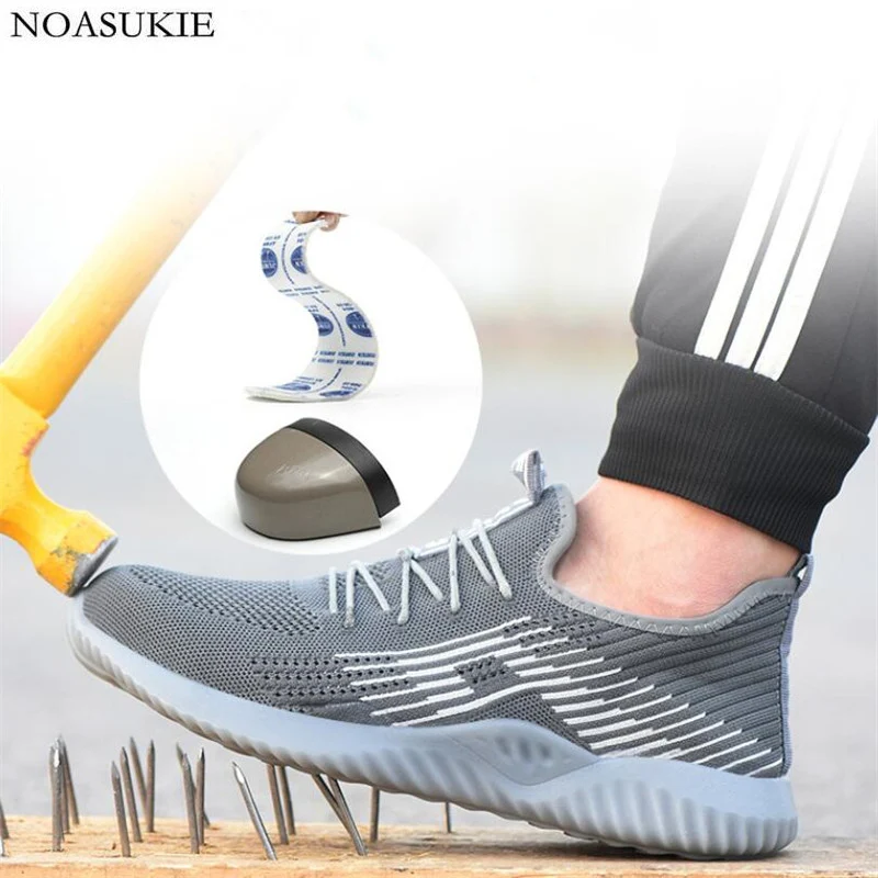 

36-48 Big Size Safety Shoes Of Men Summer Casual Work Shoes Striped Mesh Breathable Anti Smashing Puncture Steel Toe Shoes