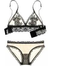 2017 French brand plus size ultrathin wireless underwear sets transparent lace female sleepwear lingerie sexy women