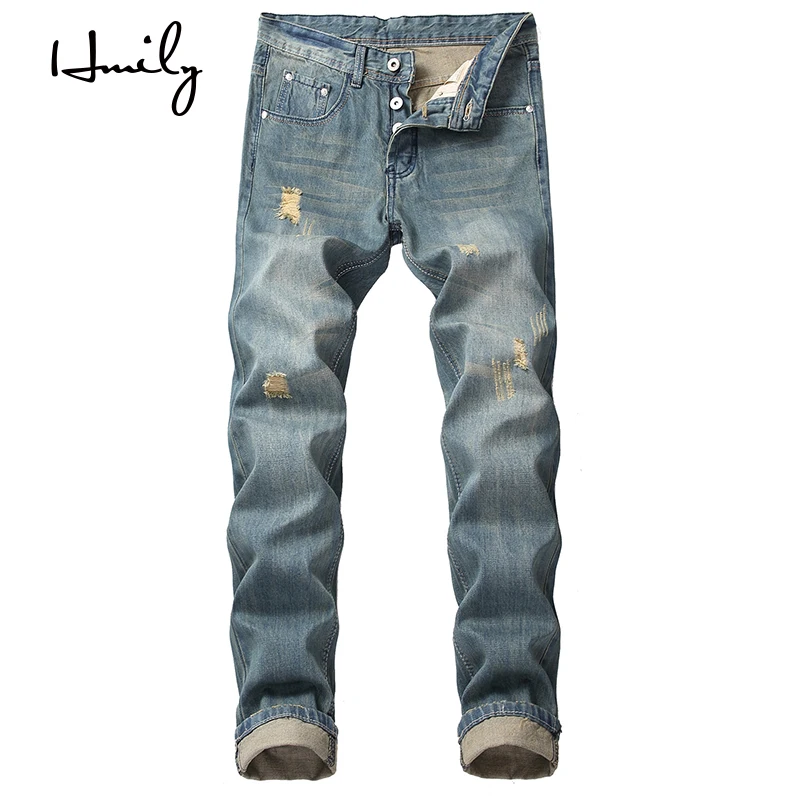 

HMILY Men Jeans Business Casual Thin Summer Straight Slim Fit Stretch Denim Pants Trousers Classic Cowboys Young Man Retro Blue