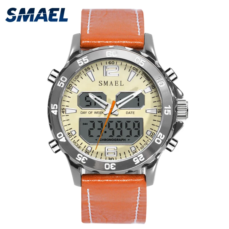 Smael спортивные часы водостойкие 50 м Винтаж кожаный ремешок для часов часы светодиодный цифровой мужской часы 1281 модные роскошные Брендовые