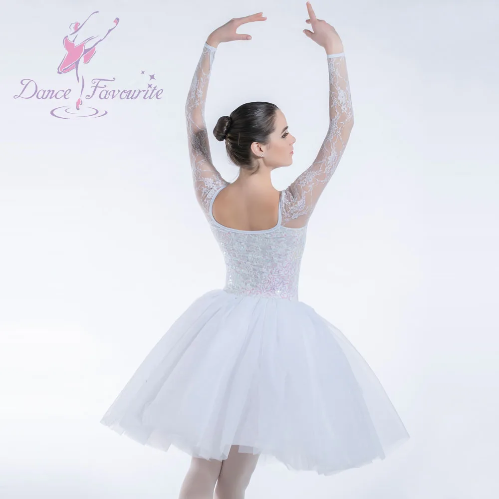 19501 белый кружевной лиф с блестками балетный Танцевальный Костюм Балетная одежда танцевальная пачка с длинным рукавом