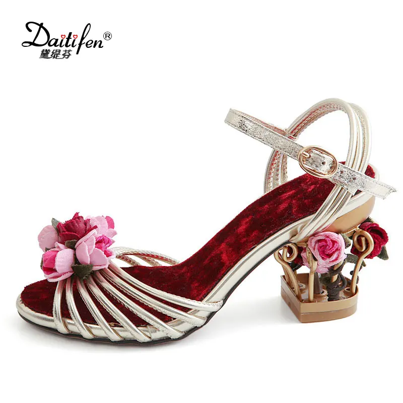 

Daitifen Fashion Bird Cage Heels Women Shoes Sandals Elegant Flower Sandals High Heels Retro Velvet Party/Wedding Wear Sandals