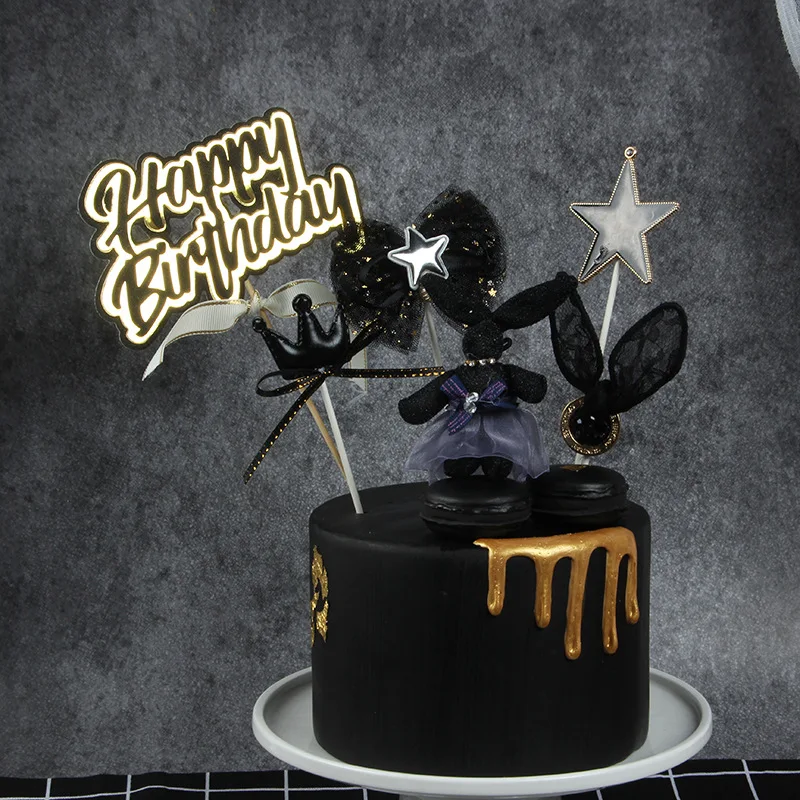 

New INS Black Cool Happy Birthday Cupcake Topper Ribbon Crown Rabbit Cake Topper For Birthday Party Cake Decorations Baby Shower