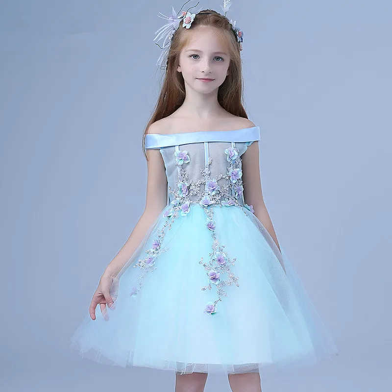 

Summer 2019 Girls Party Dress Kids Off-Shoulder Blue Appliques Girl Vestido 4 6 8 10 12 14 Years Old Girls Clothes RKF184013