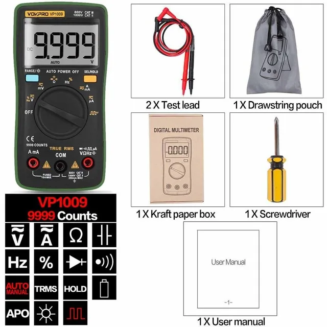 Цифровой мультиметр 9999 отсчетов Электрический тестер метр подсветка AC/DC Амперметр Вольтметр Ом портативный измеритель напряжения мультиметр цифровой - Цвет: VP1009