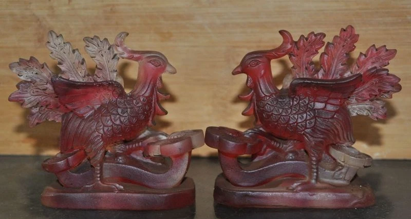 

China Fengshui Glass Colored glaze Hand-Carved Ruyi Phoenix Lucky Statue Pair A