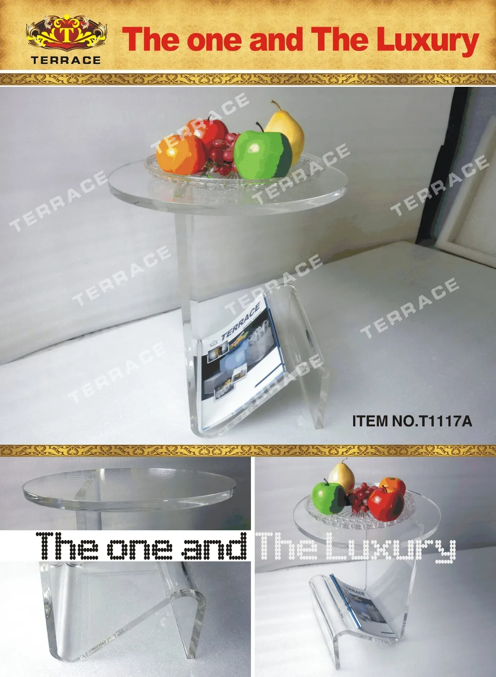 Round Top Lucite Acrylic coffee tea table with magazine rack for living room