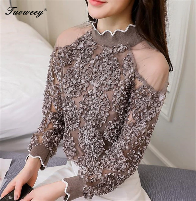 

2018 spring Women Long-sleeve sexy hollow out 3D Flower patchwork Sweet Lace Blouses Mesh Perspective Ladies Floral Shirts