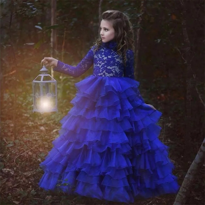 2019 новое поступление с высокой горловиной Королевское голубое кружево с многослойной юбкой из органзы для девочек в цветочек, платья с
