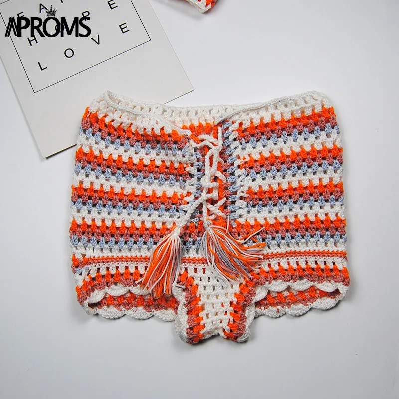 Shorts Aproms, разноцветный вязаный кроп-топ и шорты, Летний Пляжный Женский комплект из 2 предметов, крутой купальник на шнуровке для девочек, Romer, бикини, пляжная одежда - Цвет: Shorts