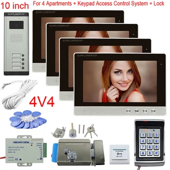 

Wired Home Video Intercom 4 Units 10" Color Monitor Videophone With Lock + Access Control System Rifd Password Unlock Door bell