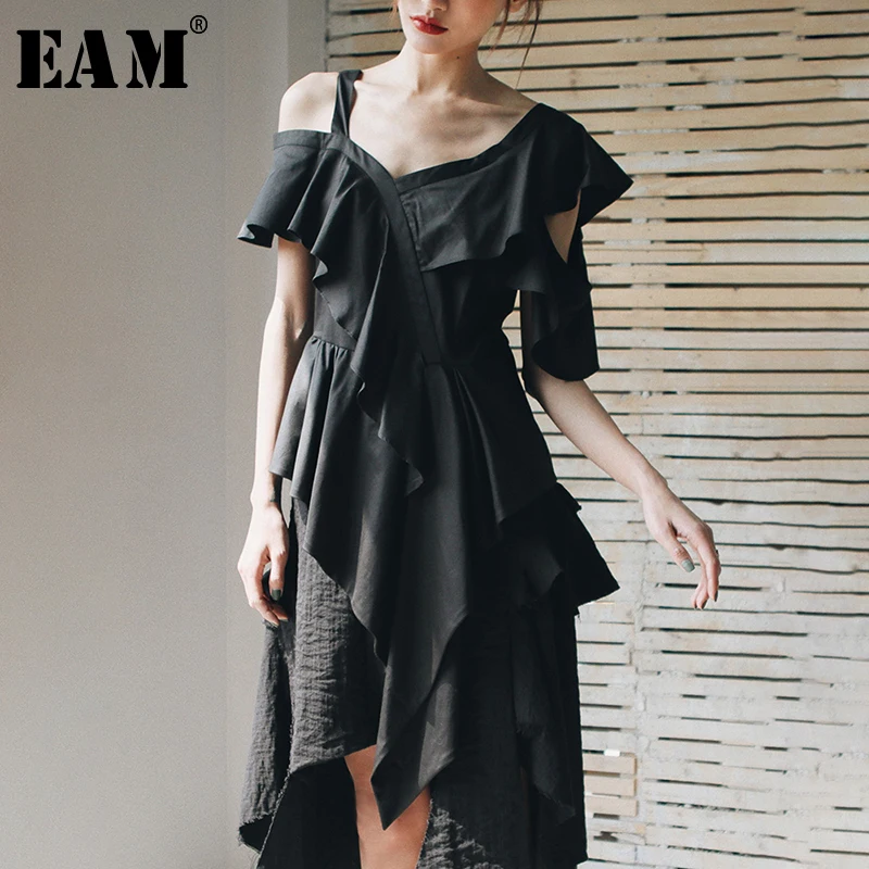 

[EAM] 2019 New Spring Summer V-Neck Short Sleeve Off Shoulder Ruffles Split Joint Loose Irregular T-shirt Women Fashion JW797