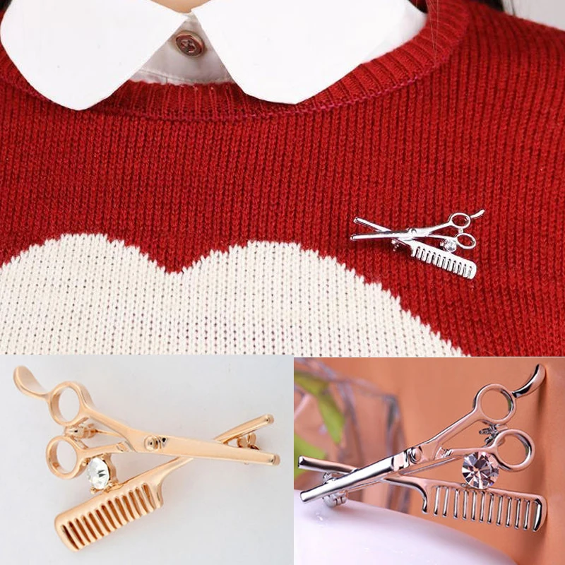 

Hot 1Pc Unisex Comb Scissors Styles Crystal Brooch Pin Jewelry Accessories Golden/Silvery Brooches