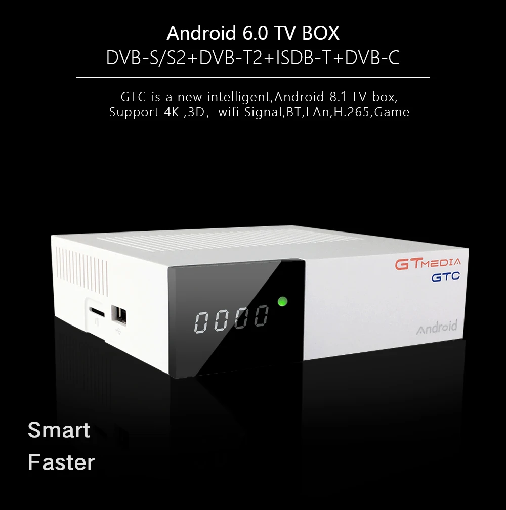 GTmedia GTC Смарт ТВ коробка DVB-T2/S2/кабель ISDBT android 6,0 H.265 Netflix Media player Play Store бесплатное приложение быстро IPTV Set-top BOX