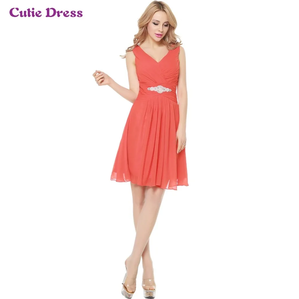 Short Chiffon Cheap Bridesmaid Dresses Under 50 Knee Length V Neck Wedding Party Dress 2016 Gray