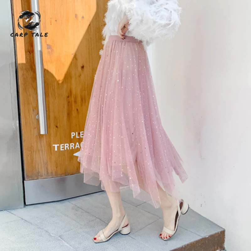 

2019 Korean version of the spring new stars irregular skirts fairy skirts heavy work sequins mesh skirt in the long section