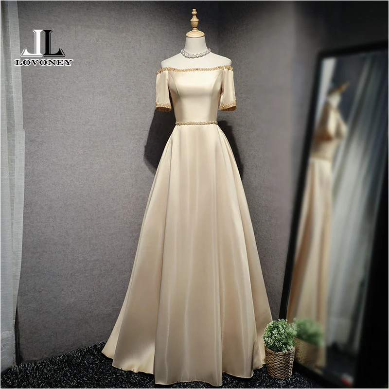 LOVONEY Elegant Beading Evening Dresses Long Boat Neck Short Sleeve Satin Formal Party Dress Evening Gown Robe De Soiree XYG703