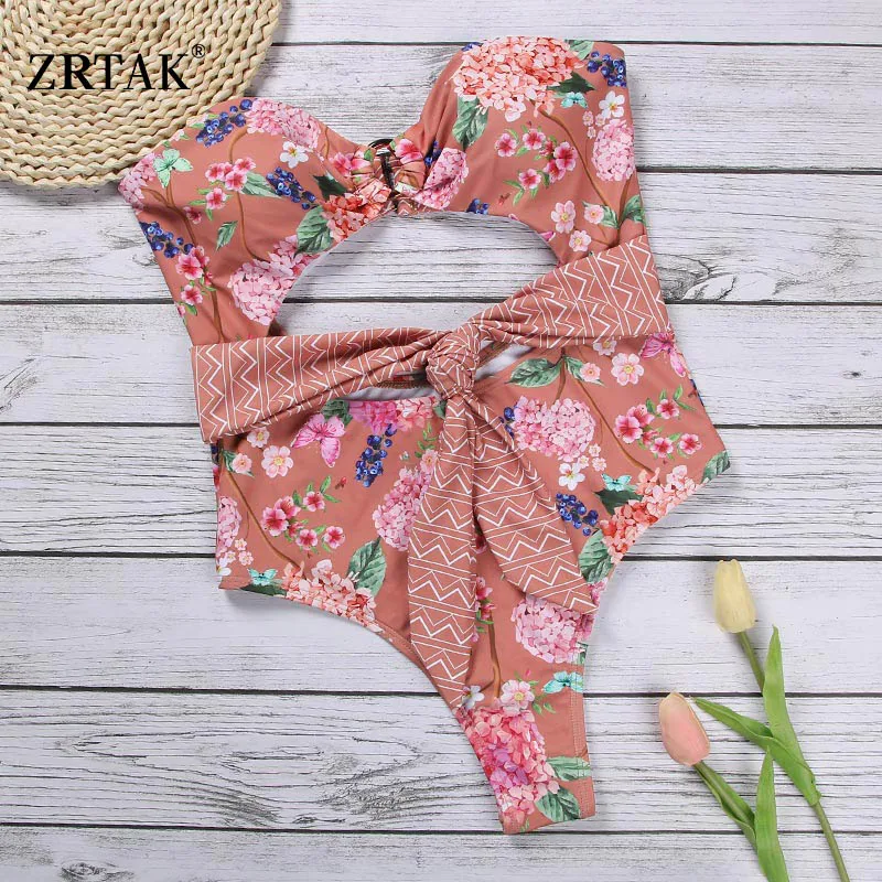 Ceny Zrtak Sexy One Piece strój kąpielowy Floral bandaż Backless Hollow Out Bow stroje kąpielowe kobiety drukuj głębokie v Neck biquini Mujer kąpieli garnitur