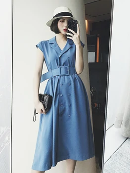 

Beach Dress 2018 New Summer Dress Sleeveless Retro Solid Color Double Breasted Belt Waistcoat Neck Long Section A Word Female