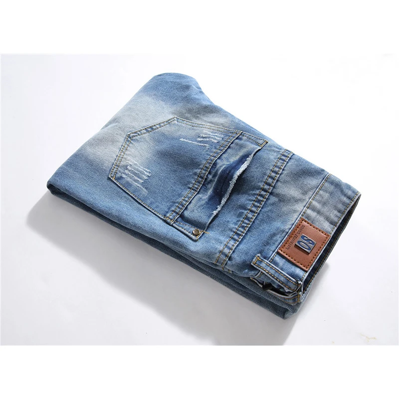 New Fashion Mens Blue Hole Jeans Luxury Men Slim Denim Trousers Slim Pencil Pants Blue Jeans for Men Hip Hop