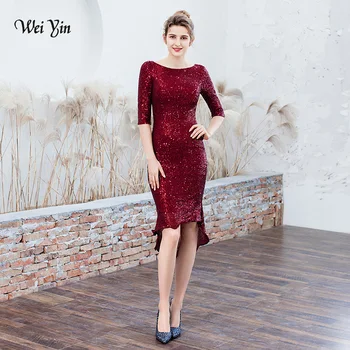 

weiyin Wine Red 2020 O Neck Sequin Gown Sexy Mermaid Dress Elegant Short Evening Dresses Vestido Formal Evening Dresses WY1778