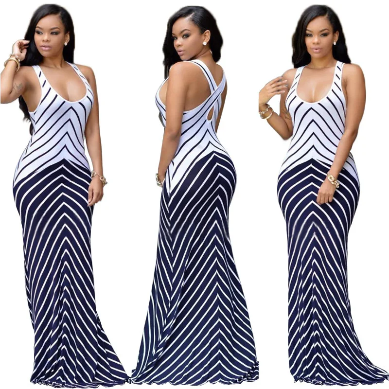 

Women Summer braces maxi dress Stripe Long beach Dresses Plus size