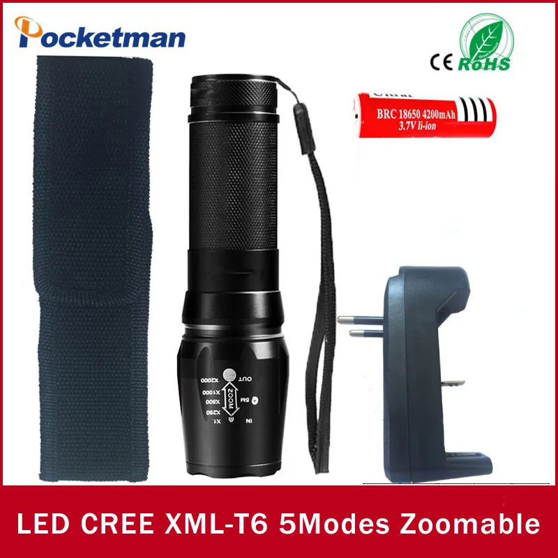 

zk50 Portable Led Flashlight 4000 Lumen Zoomable XML-T6 LED Torch lampe torche 18650 Battery Charger Cloth Cover