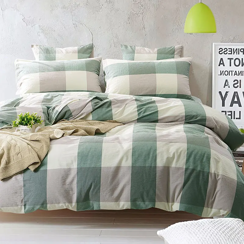 

100% Washed Cotton Bedding Set Bedcover Sets Plaid Duvet Cover Sets Bed Sheets Adults Kids Housse De Couette King/Queen/Twin