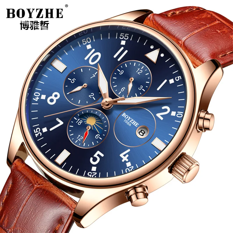 

Luxury Fashion Men Automatic Mechanical Watch Mens Leather Belt Calendar Week Display Moon Phase Man Waterproof Watches As Gift