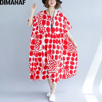 

DIMANAF Women Dress Plus Size Summer Femme Vestidos Large Clothing Print Dot Red Elegant Lady Loose Long Beach Dresses 130KG Fit