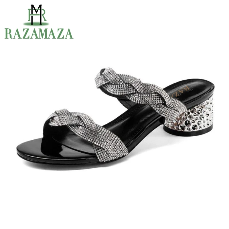 

RAZAMAZA Women High Heel Sandals Real Leather Slip On Open Toe Women Summer Shoes Simple Fashion For Holidays Sandals Size 33-40