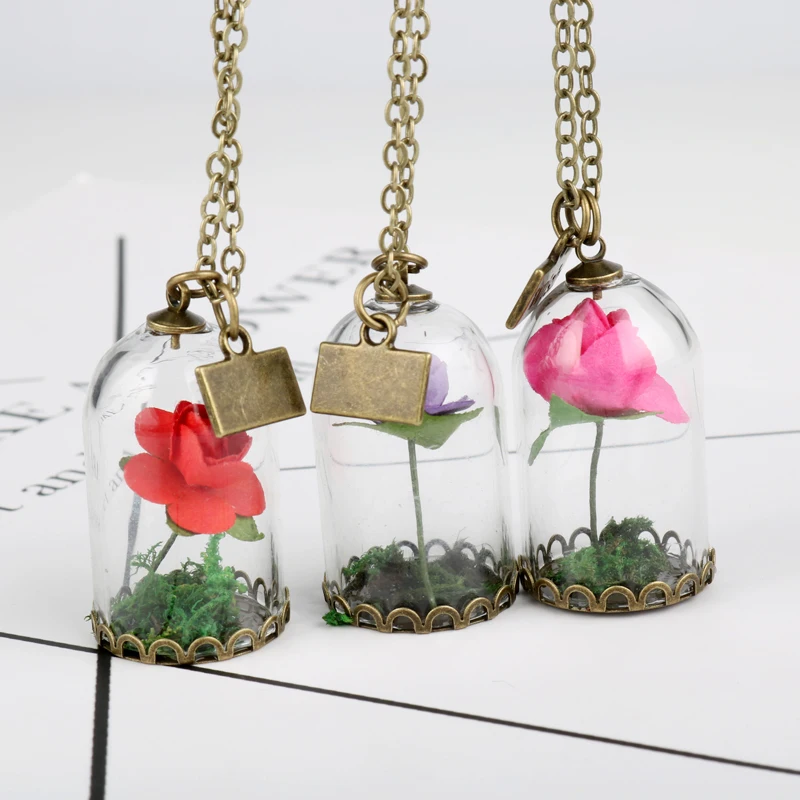 

MQCHUN Hot Movie Beauty and The Beast Rose Necklace Romantic Glass Bottle Flower Pendant Beautiful Jewelry Choker Necklace