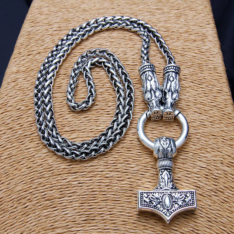 Men Double Wolf Head Viking Necklace Pendant Antique Silver Plated High Quality Chain Necklace Hammer Talisman Ethnic Jewelry Men Double Wolf Head Viking Necklace Pendant Antique Silver Plated High Quality Chain Necklace Hammer Talisman Ethnic Jewelry