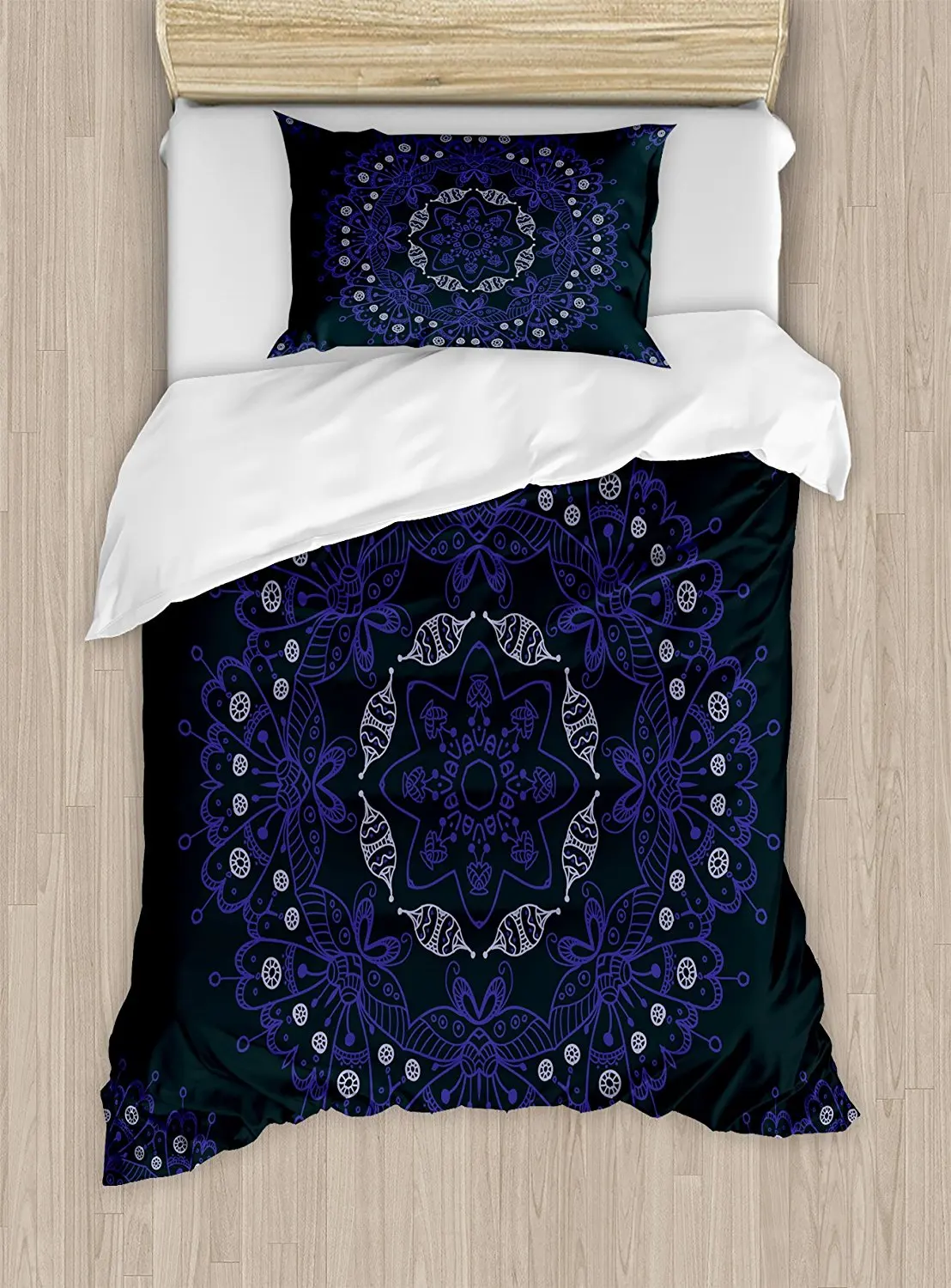 Dark Blue Duvet Cover Set Oriental Round Ornate Mandala Lace Style