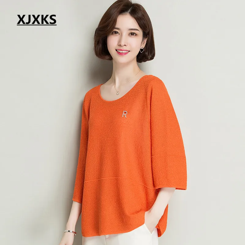 

XJXKS Fashion round neck loose plus size knitting thin women's sweater 2019 spring summer new high quality casual women top