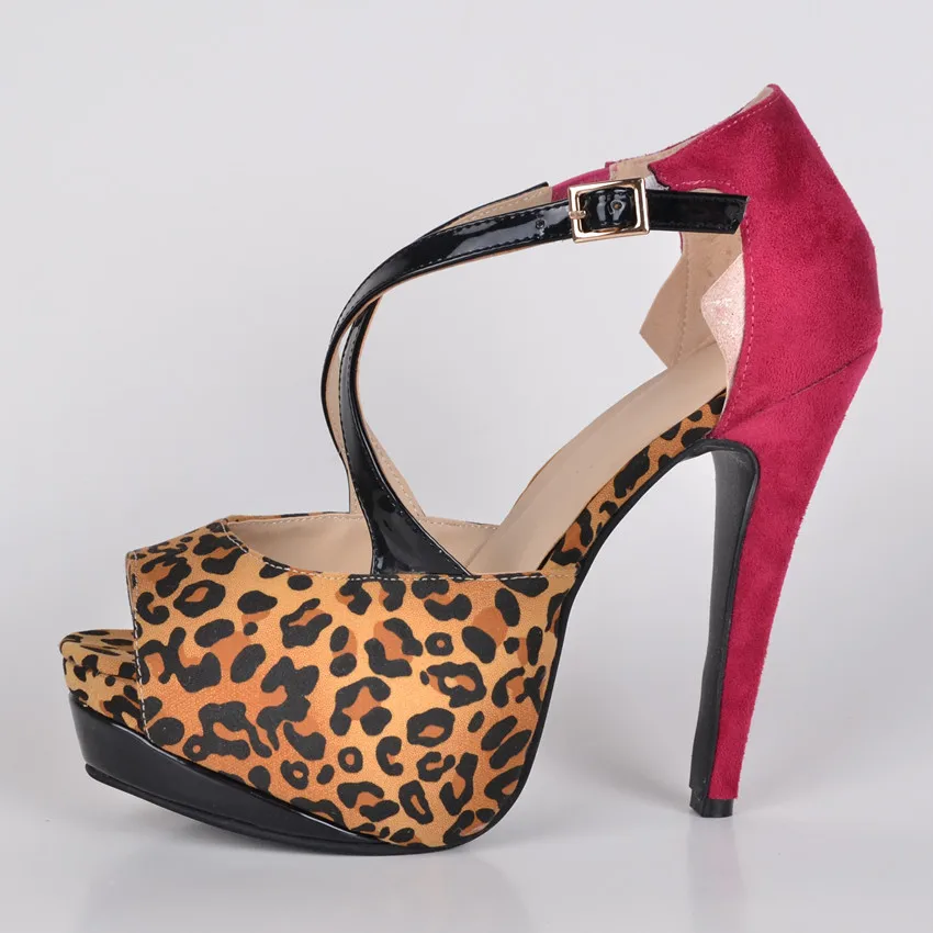 Leopard Color Matching Faux Leather Women's Stiletto  Heel Platform Sandals Leopard Cover Heels Narrow Band High Heels