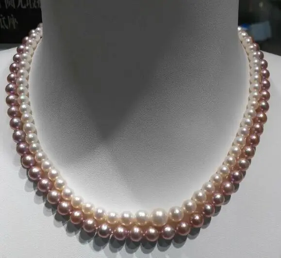 

two 18inch natural 9-10mm south seas white pink pearl necklace 14K clasp (9.13)