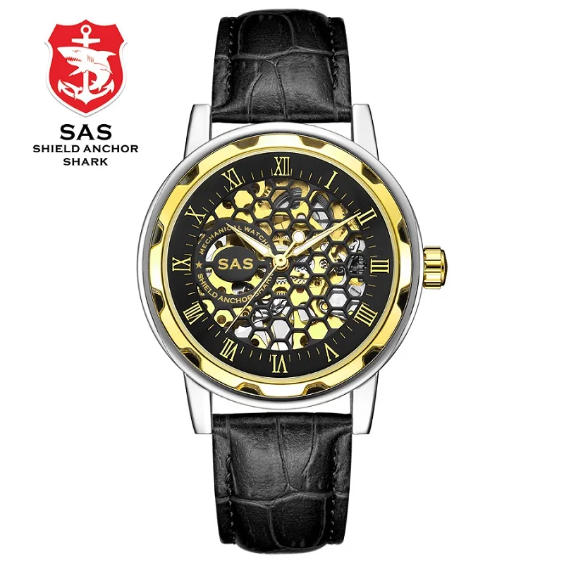 SAS Роскошные брендовые золотые часы с кожаным ремешком, женские механические часы с скелетом, женские наручные часы montre femme - Цвет: BLACK GOLD