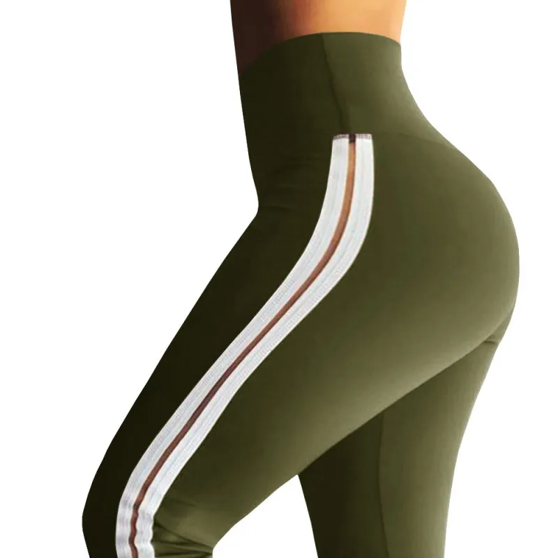 

2018 New High Waist Women Legging Fashion Slim Fitness Side webbing Stitching Leggins Breathable Brand stripe Leggings For Women